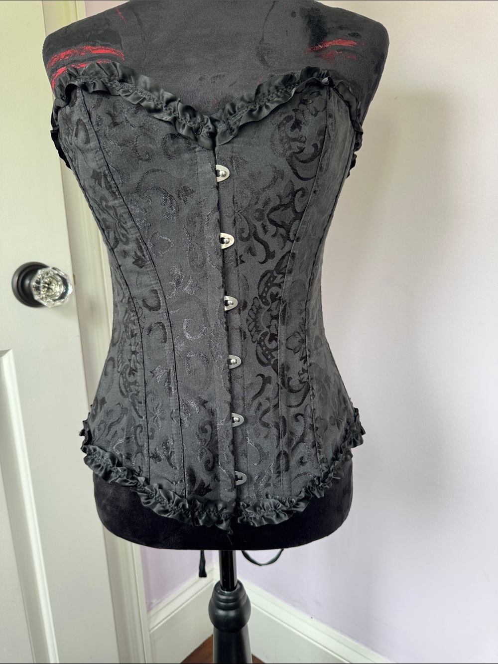 Black Floral Brocade Lace-up ruffle trim Corset
